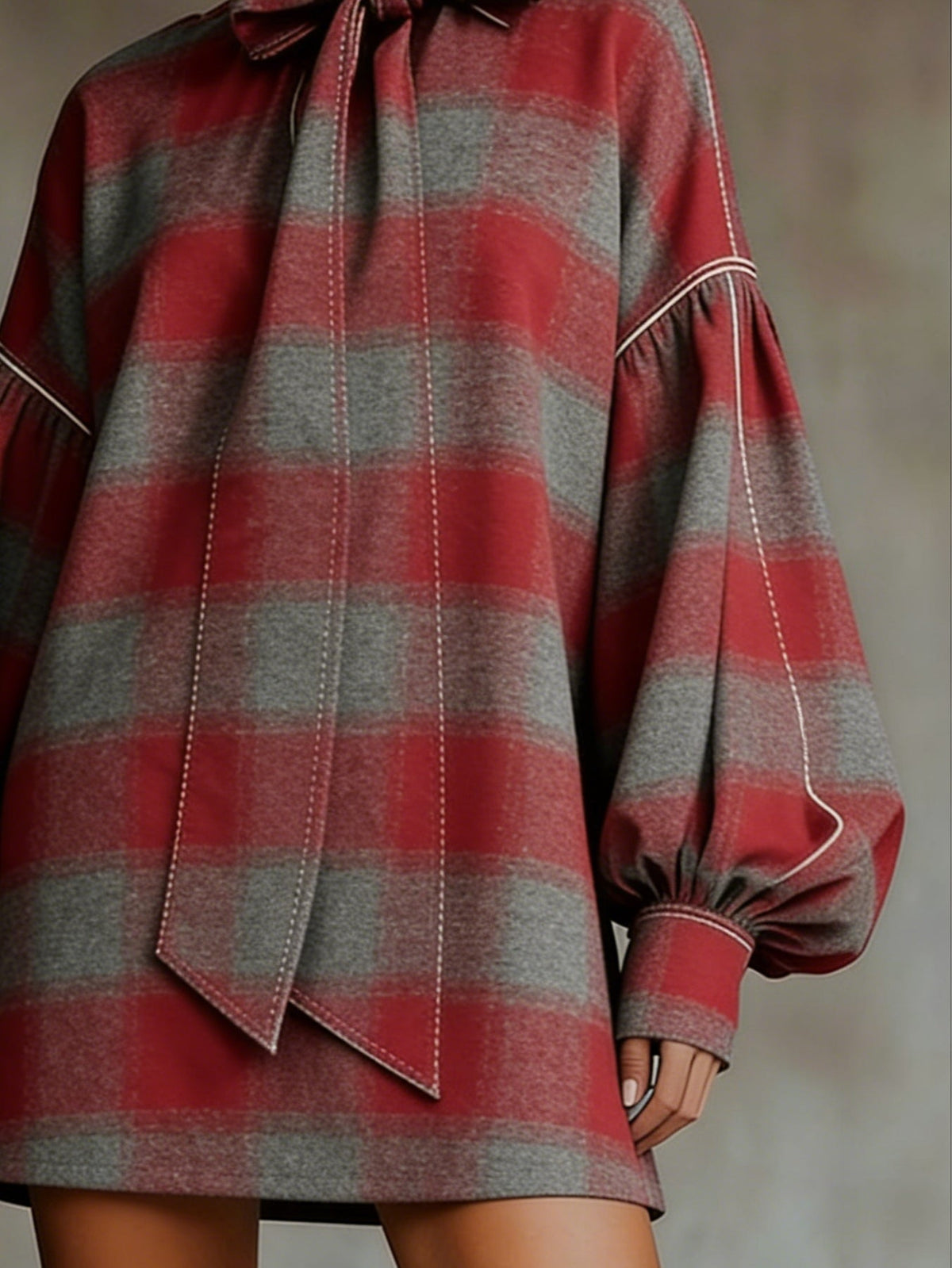 Red and Gray Plaid Lantern Sleeve Mini Dress