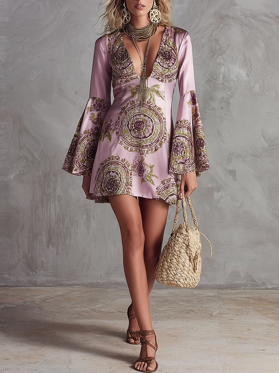 Mini Satin Dress with Pink and Purple Totem Print