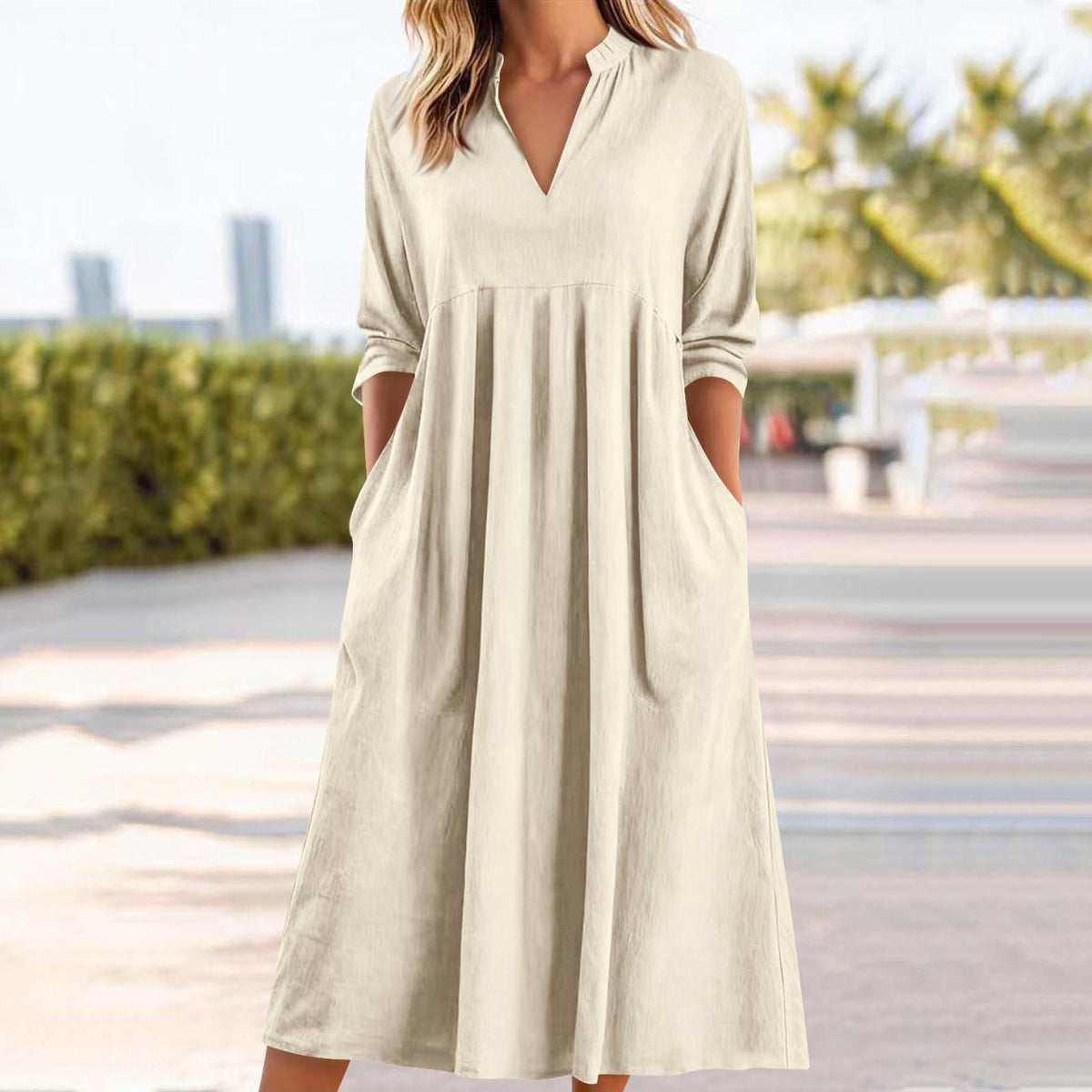 Amber | Elegant Linen Midi Dress with Pockets