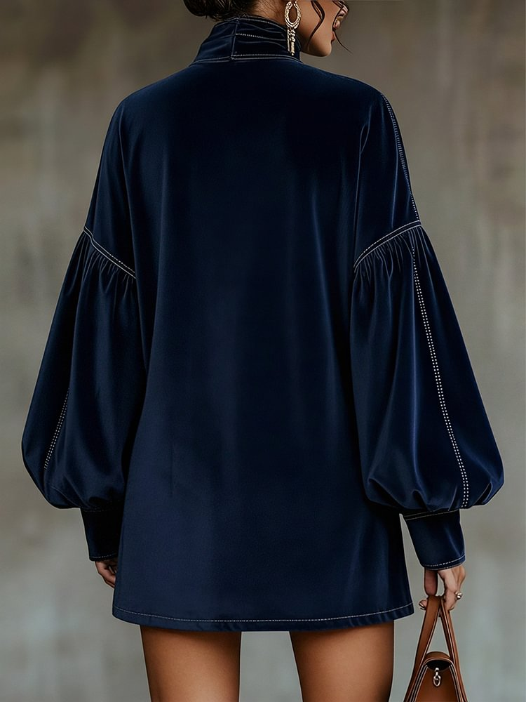 Dark Blue Velvet Mini Dress with Lantern Sleeves