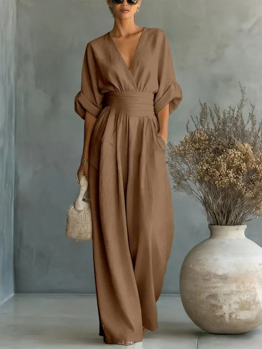 ESSENTIAL - Elegant V-Neck High-Waisted Jumpsuit