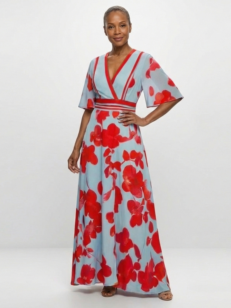Hayes & Tate™  | V Neck Short Sleeve Floral Maxi Dress
