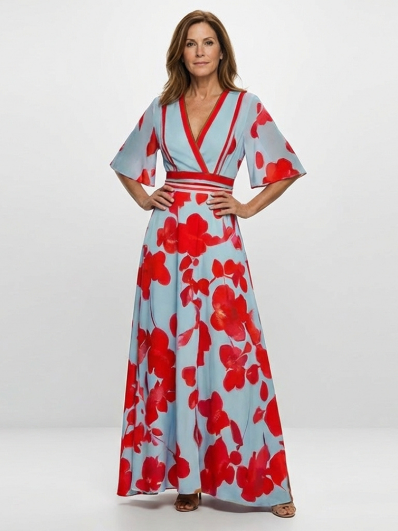 Hayes & Tate™  | V Neck Short Sleeve Floral Maxi Dress