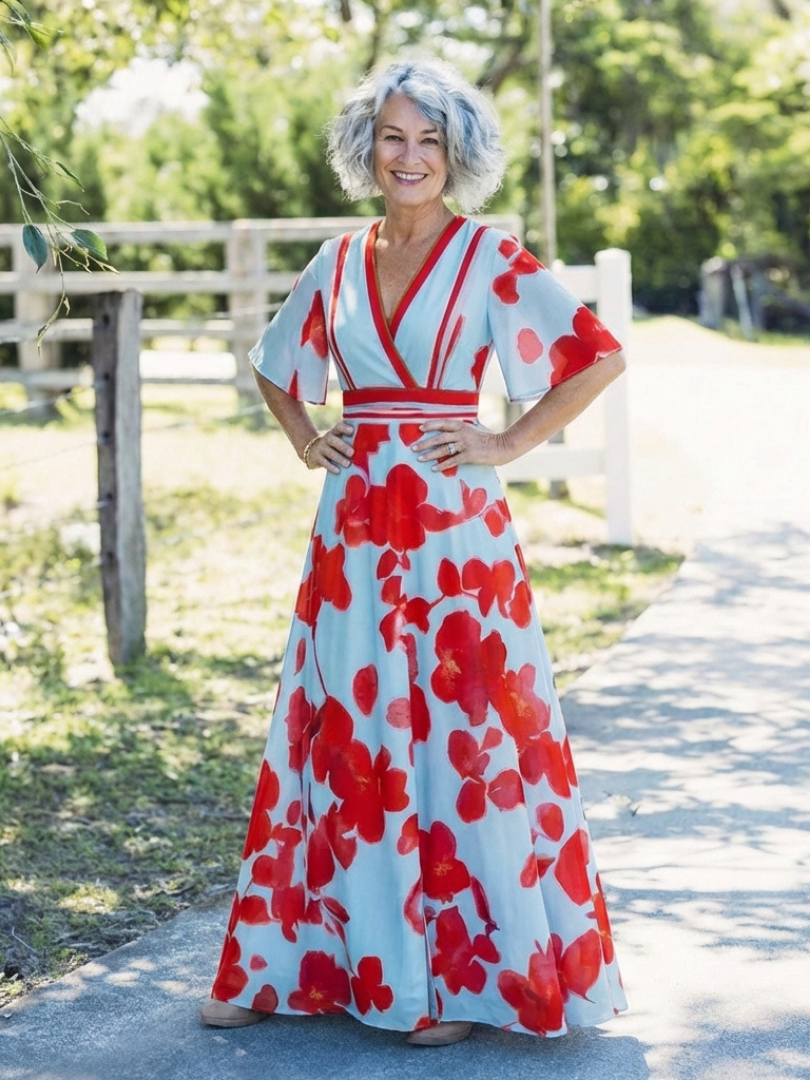 Hayes & Tate™  | V Neck Short Sleeve Floral Maxi Dress
