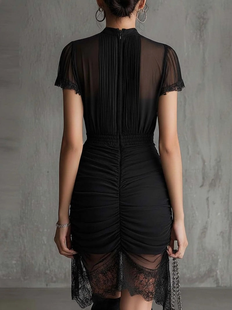 Black chiffon mini dress with pleated waist and lace hem
