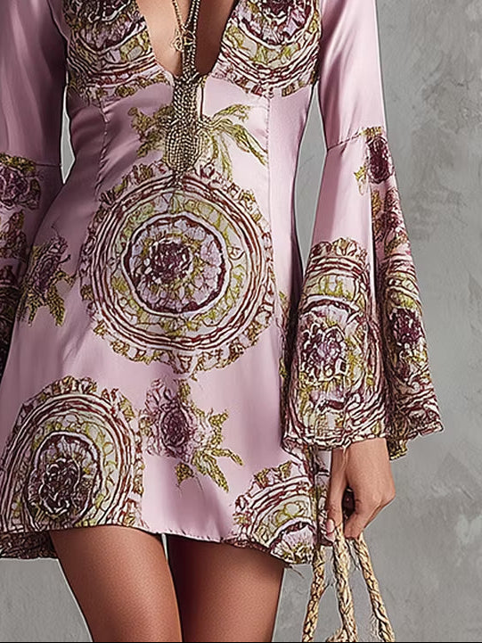 Mini Satin Dress with Pink and Purple Totem Print