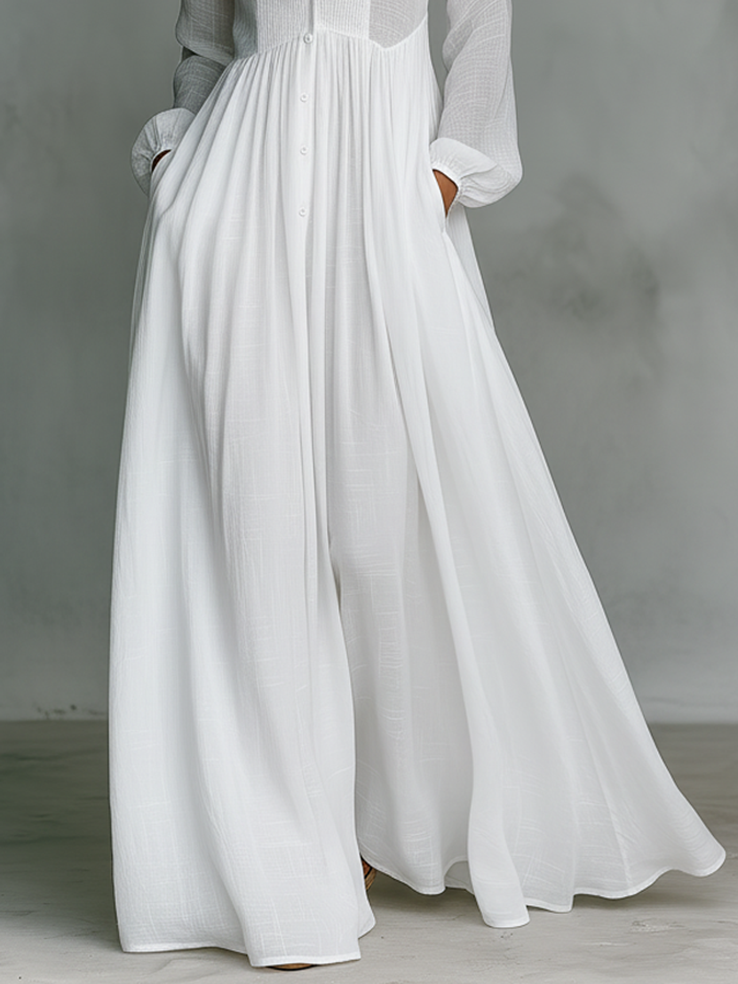 ESSENTIAL - Maxi Minimalist Dress in Cotton & Linen with Patchwork, High Collar and Long Sleeves