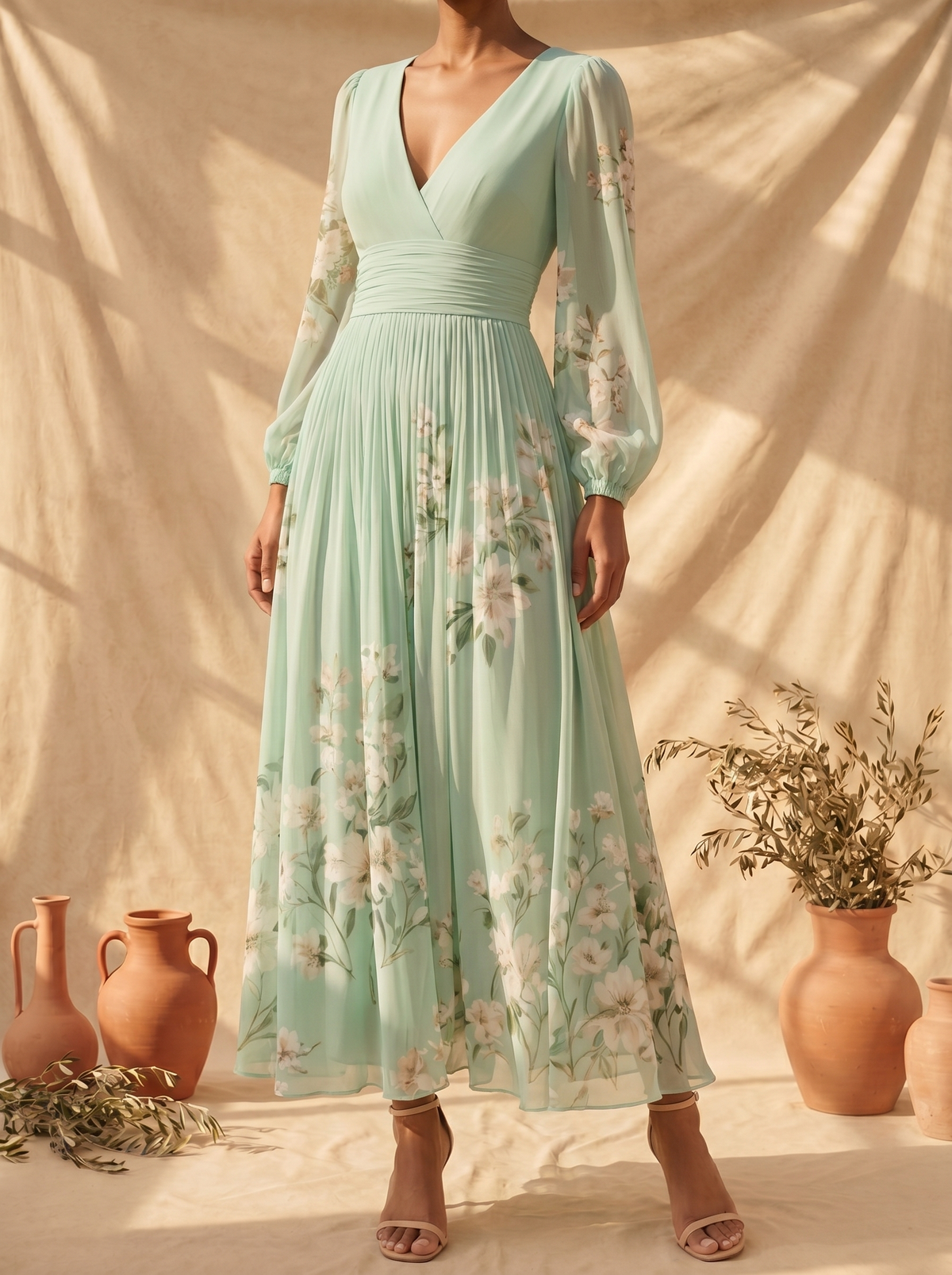 Marisella | Light Green Floral Midi Dress