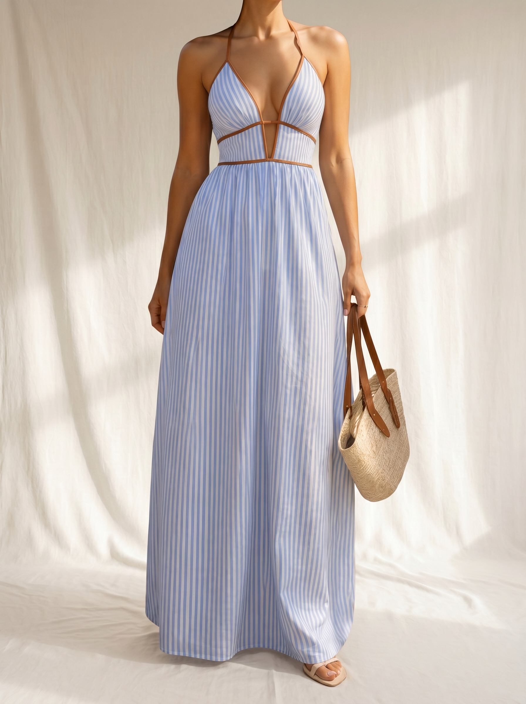 Marina | Long Striped Dress with Cut-out Neckline