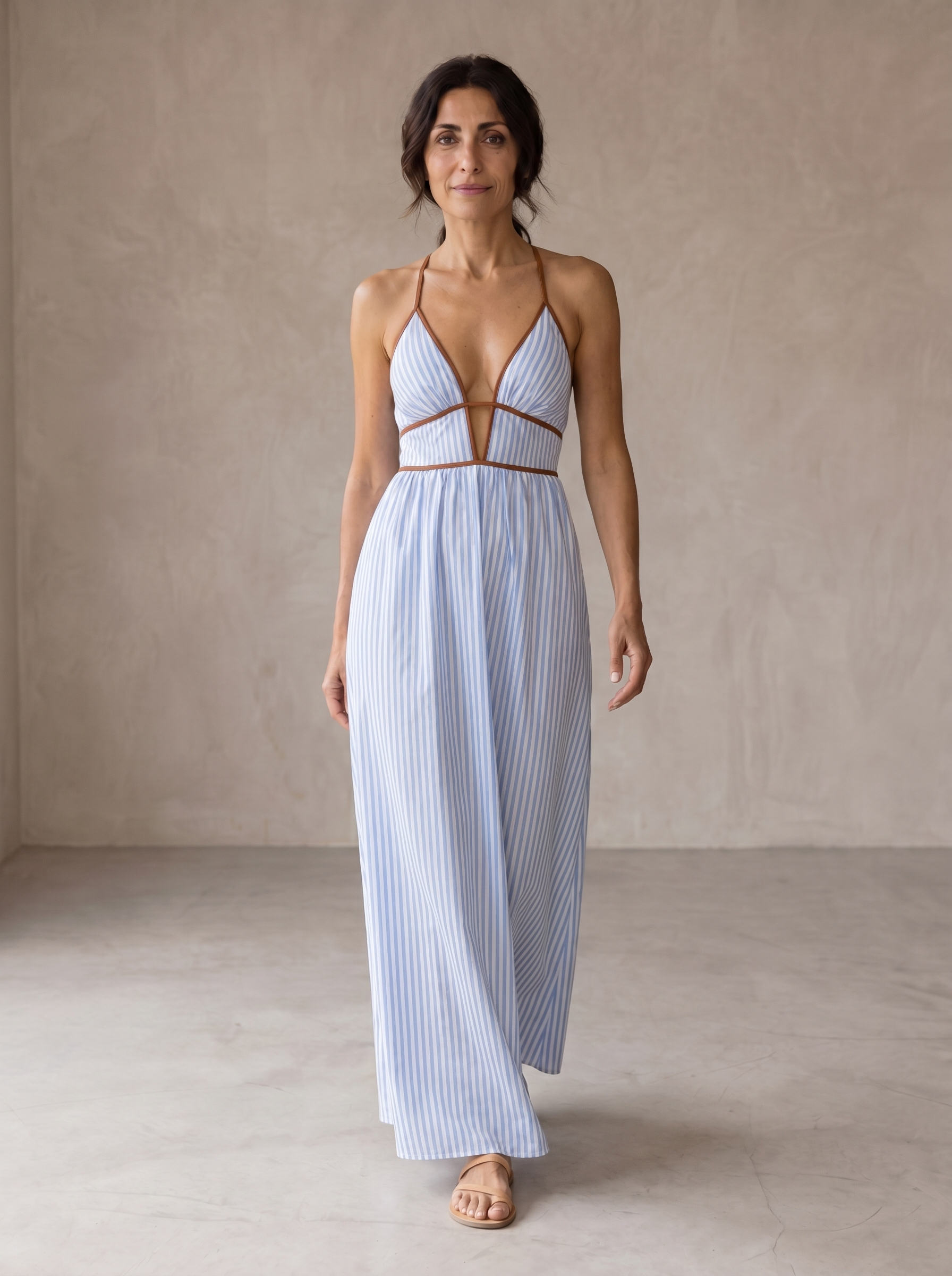 Marina | Long Striped Dress with Cut-out Neckline