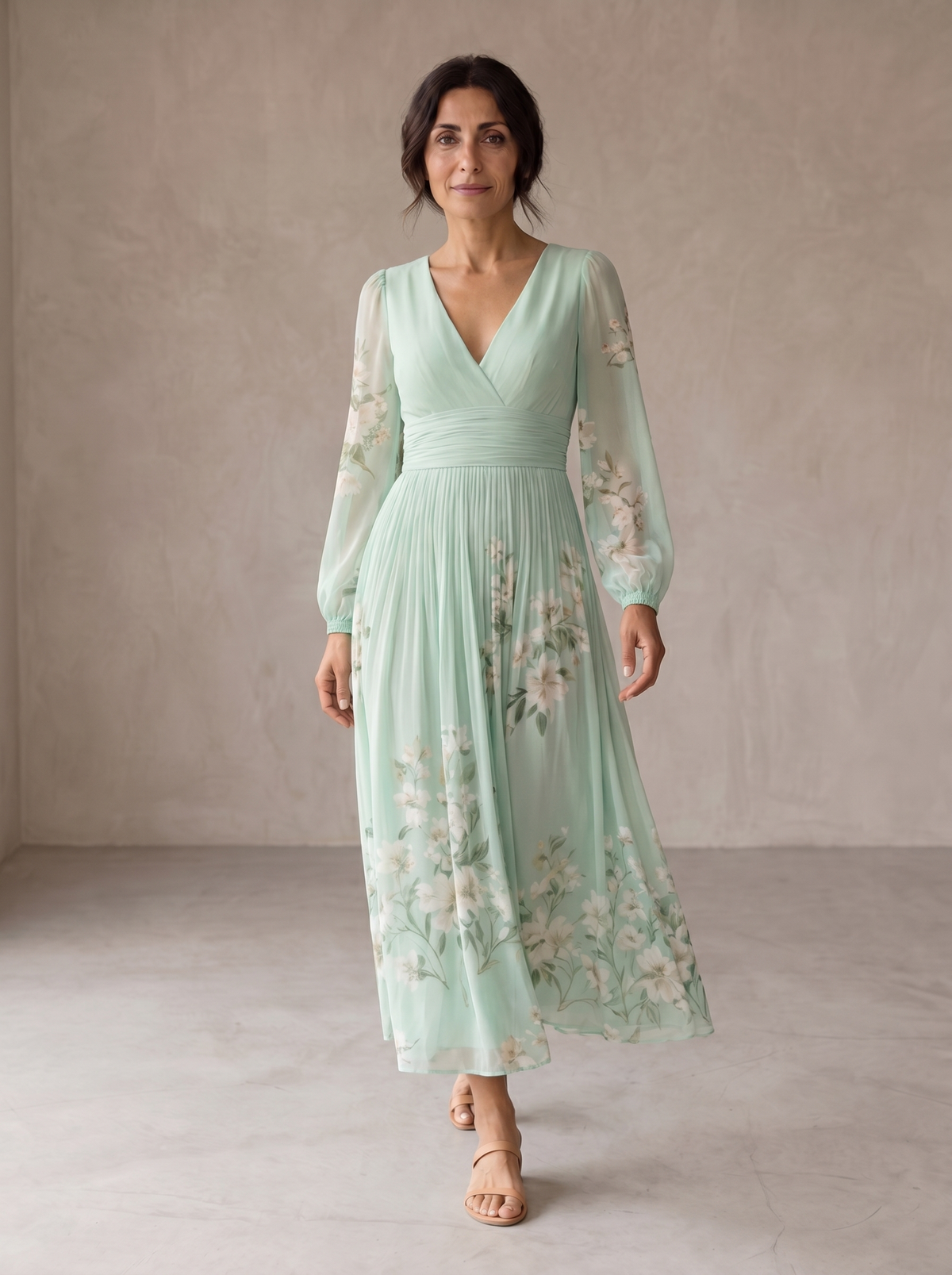 Marisella | Light Green Floral Midi Dress