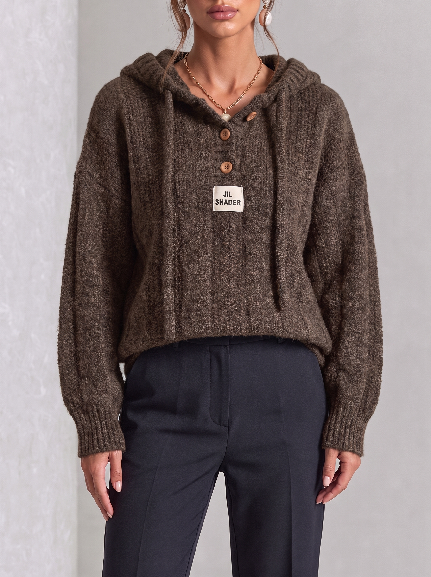 Hazel | Coffee Lace-Up Hooded Knit Top