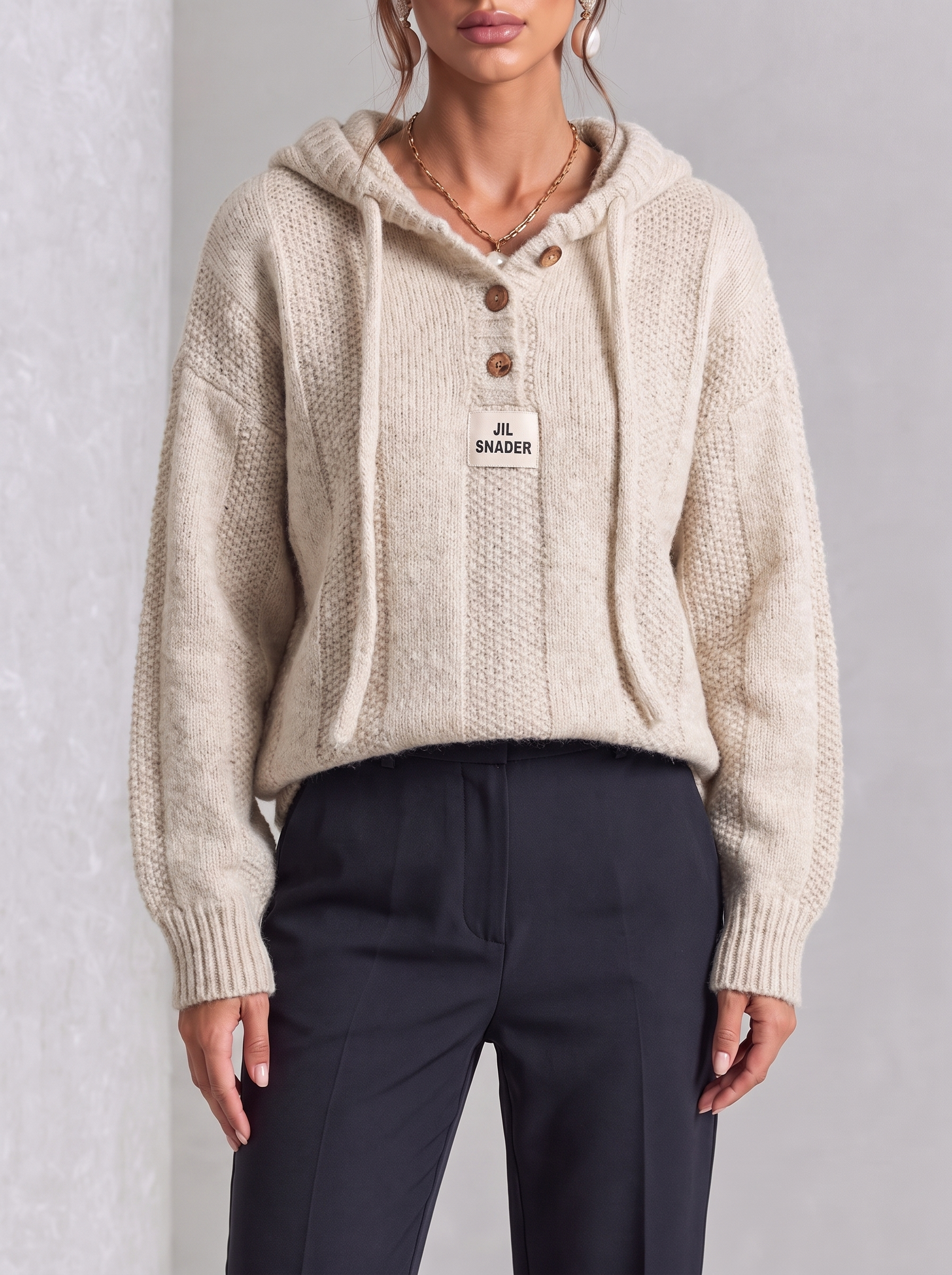Hazel | Coffee Lace-Up Hooded Knit Top