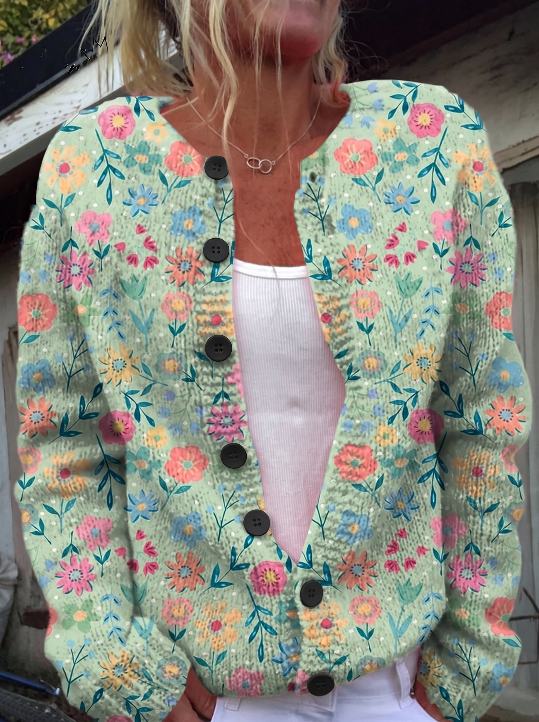 Floral Pattern Print Buttoned Cardigan - black buttons