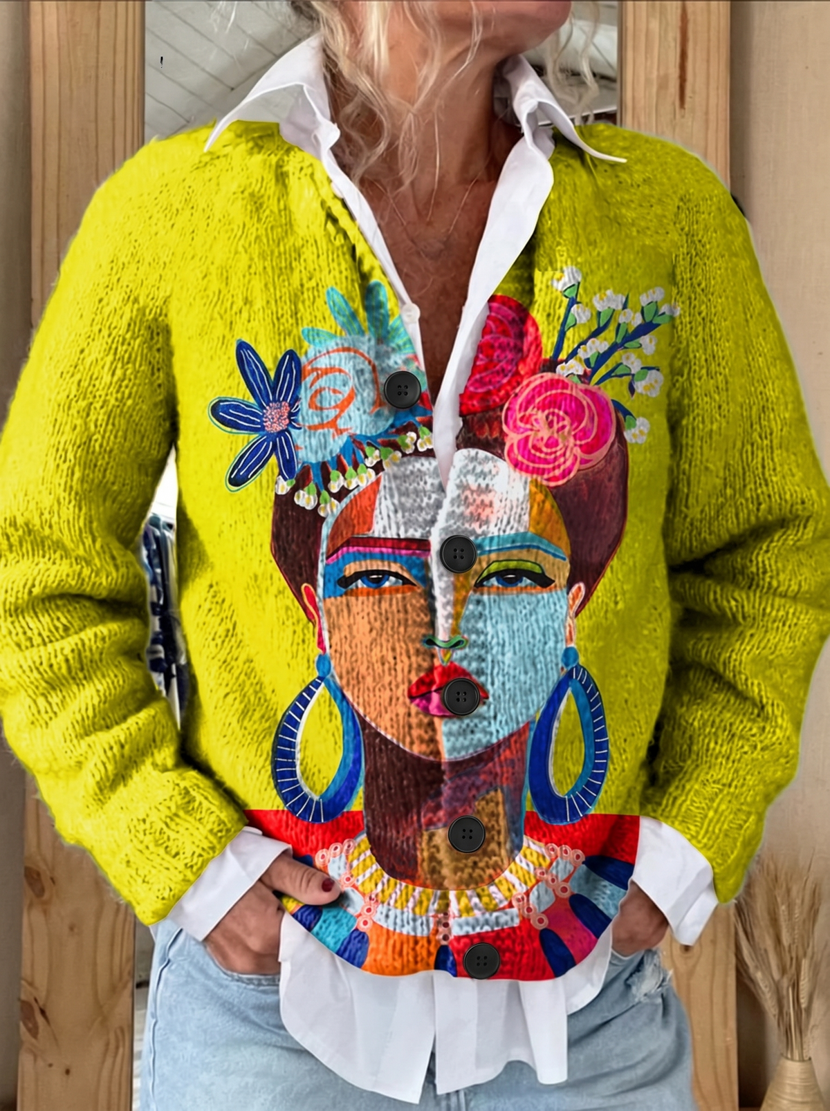 Painting Portrait Art Printed Buttoned Cardigan - black buttons