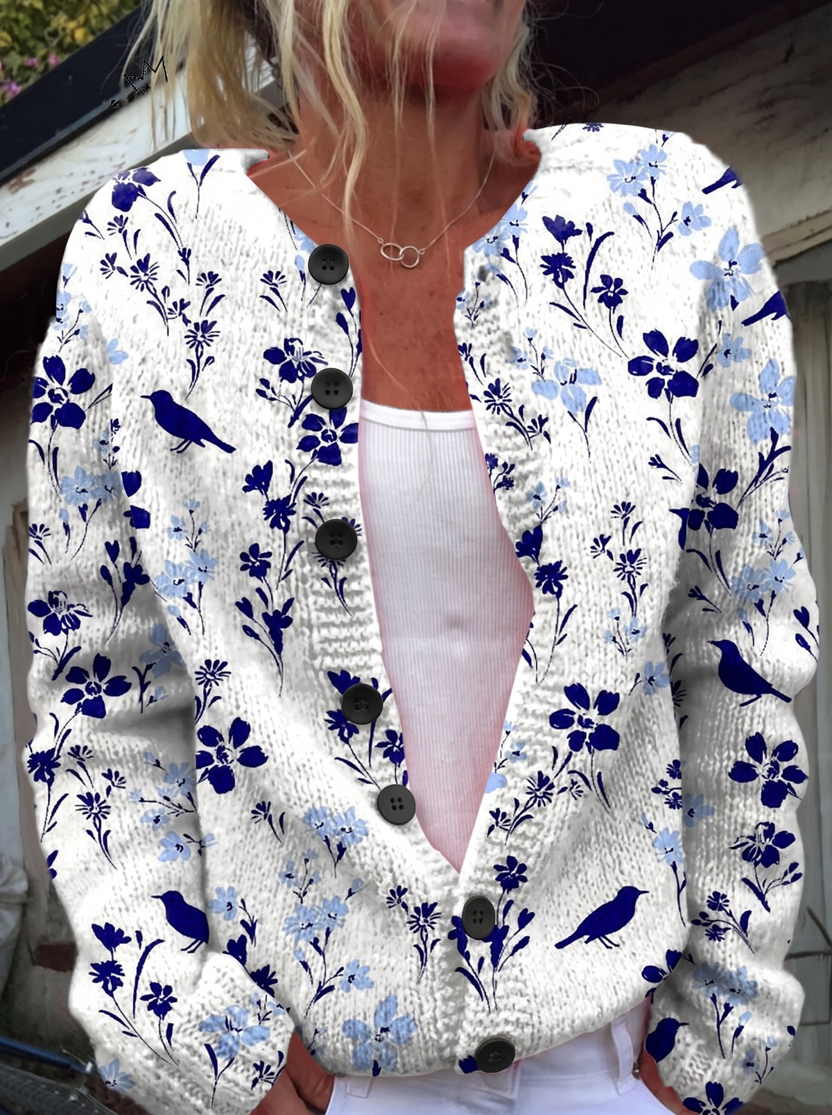 Vintage Flower Art Print Buttoned Cardigan - black buttons