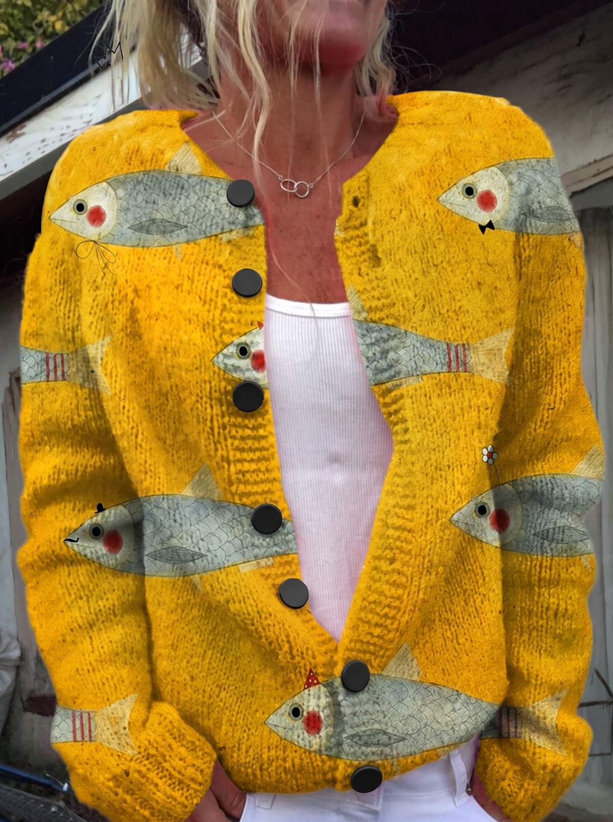 Vintage Fish Sardines Art Print Buttoned Cardigan - black buttons