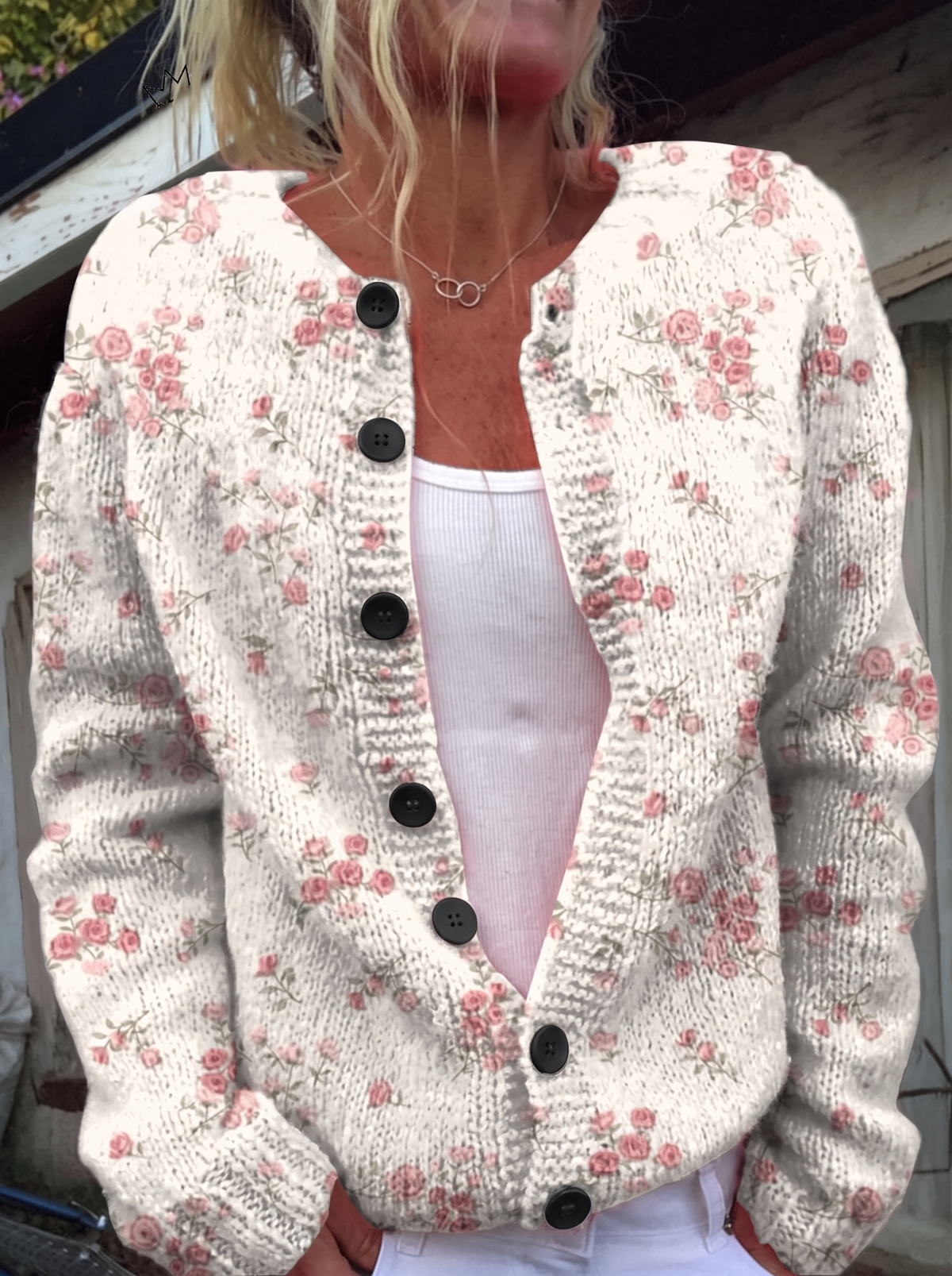 Pink Rose Florets Print Buttoned Cardigan - black buttons