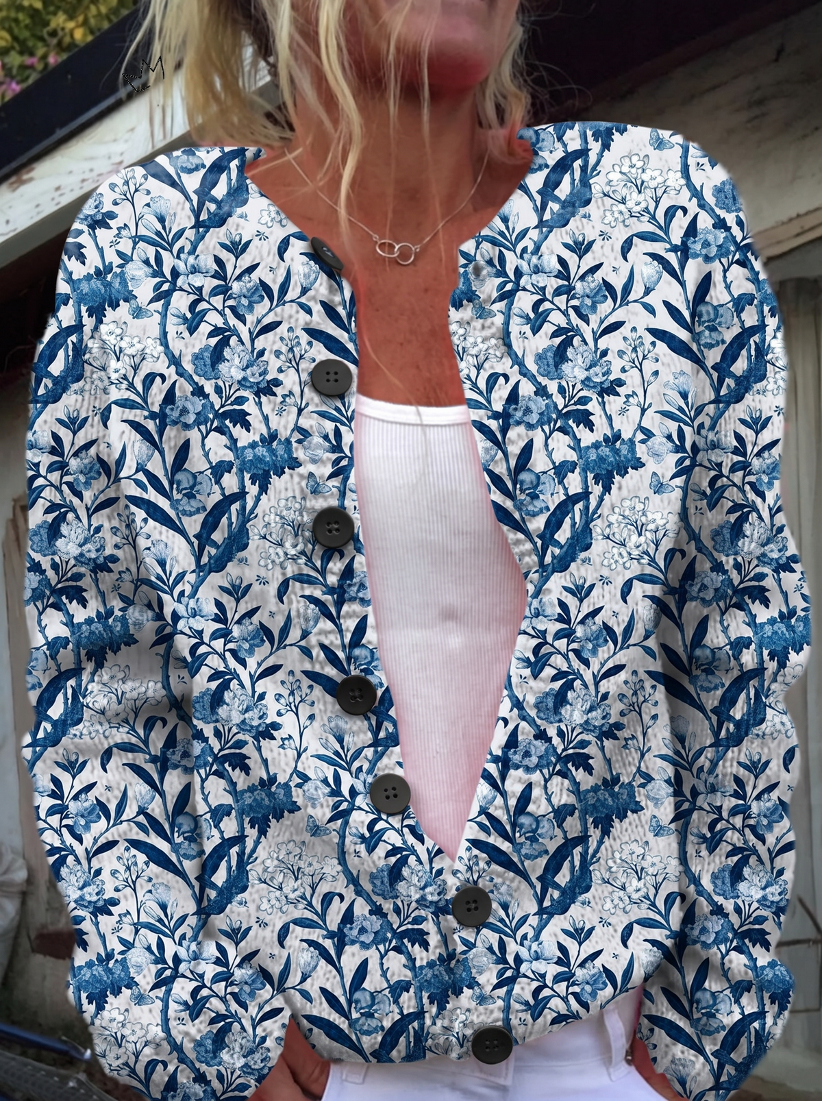 Floral Pattern Print Buttoned Cardigan - black buttons