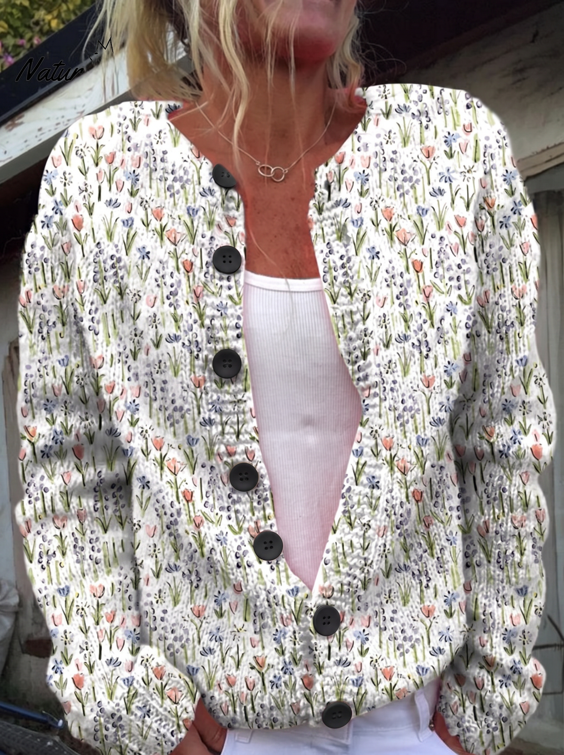 Floral Pattern Printed Buttoned Cardigan - black buttons