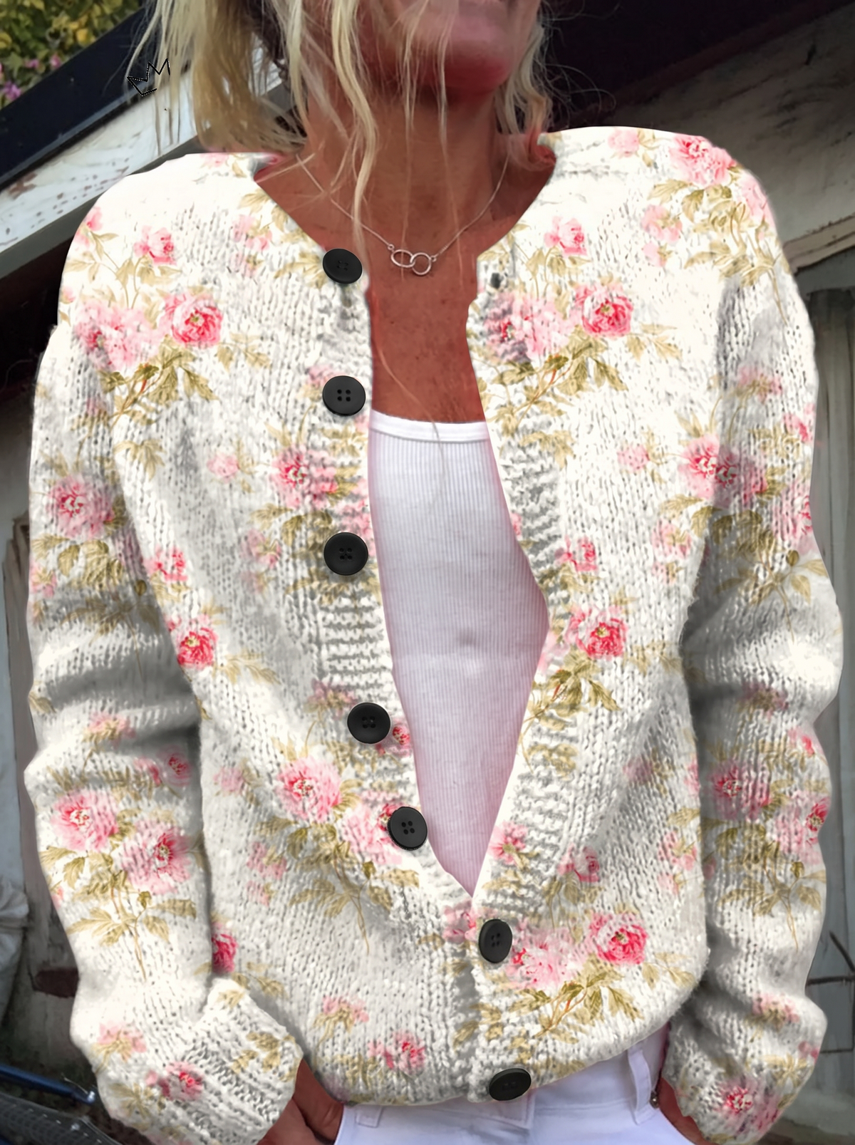 Flowers & Leaves Print Buttoned Cardigan - black buttons