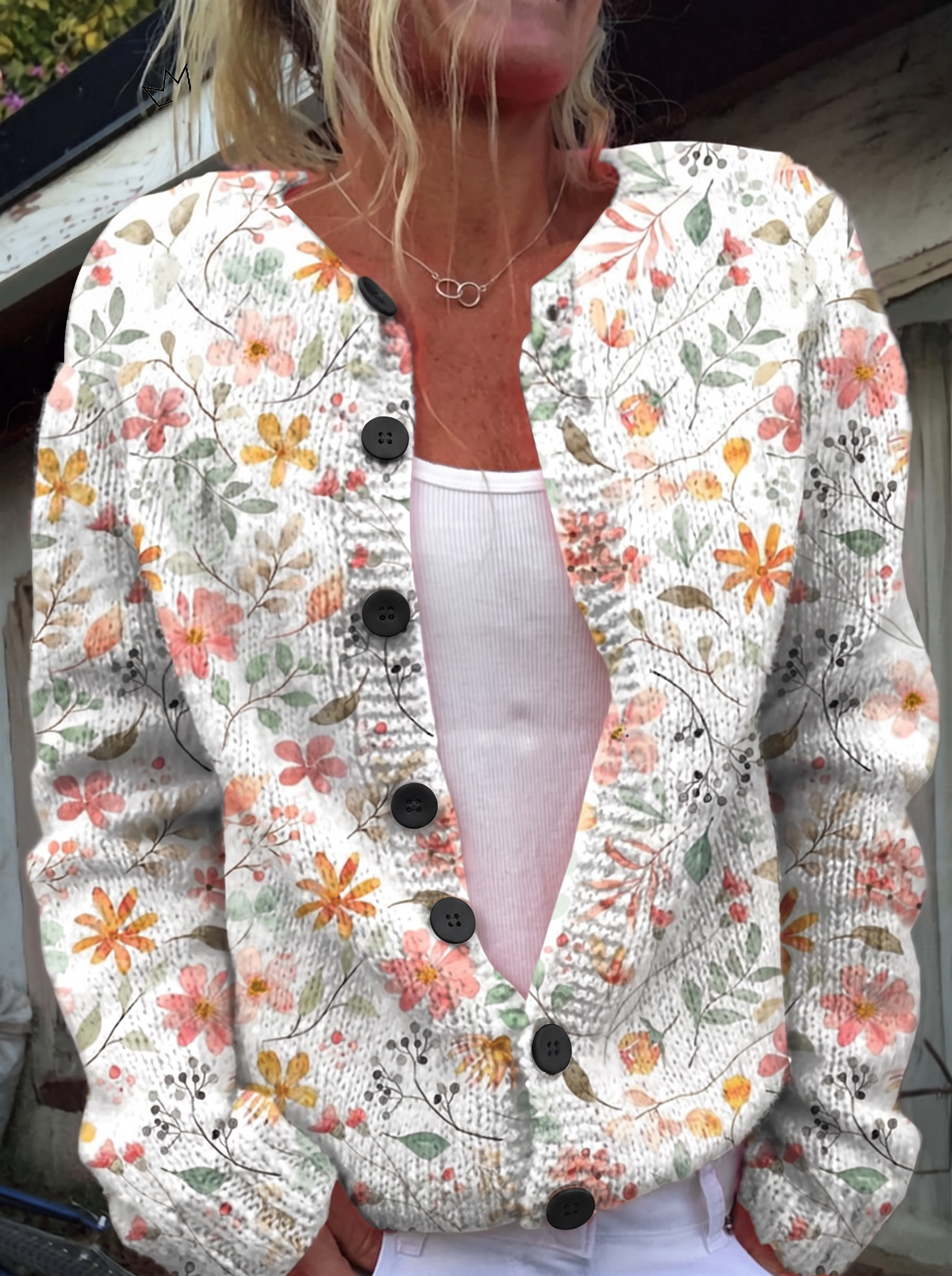 Fresh Little Flowers Print Buttoned Cardigan - black buttons