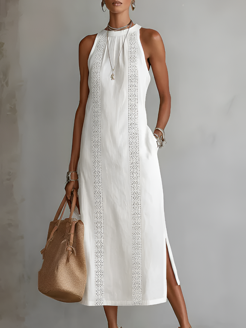 Jimena | Midi Linen Dress with Mao Collar
