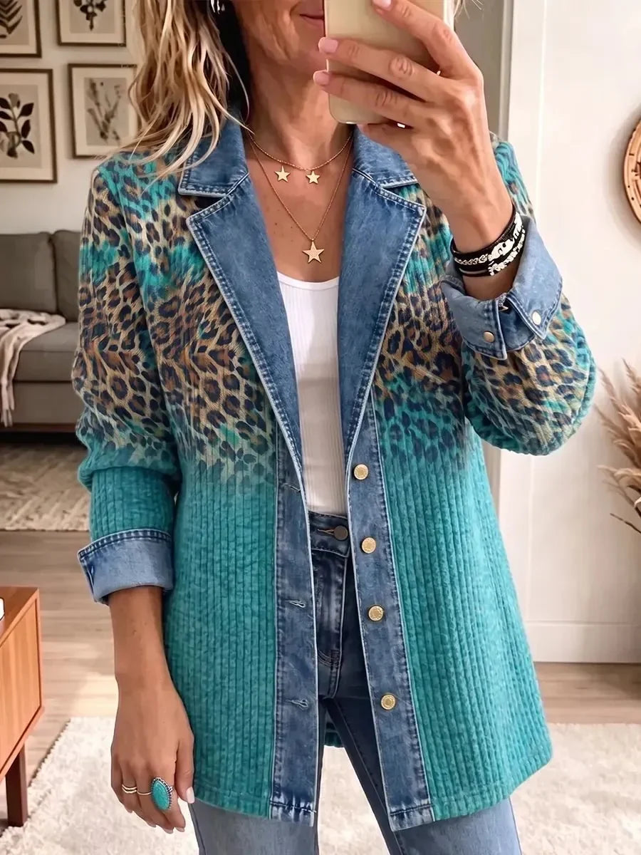 Olivia Vintage Elegant Denim Leopard Print Jacket