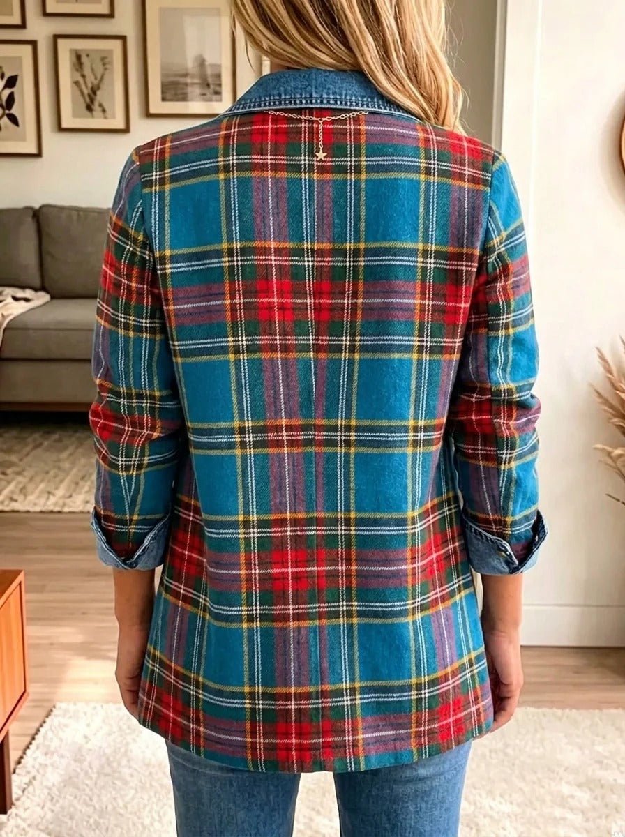 Grace Women Tartan Plaid Denim Spliced Blazer