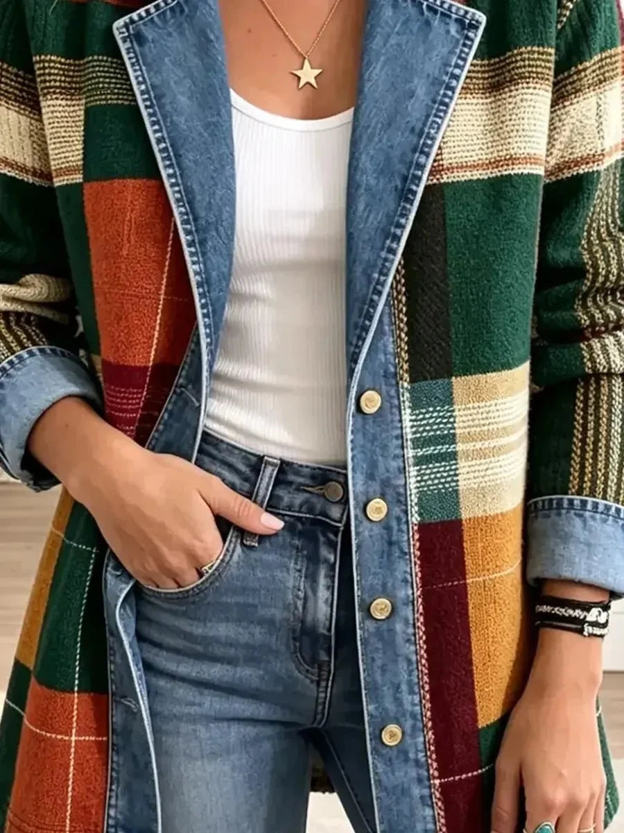 Ella Retro Plaid Pattern Art Casual Denim Jacket