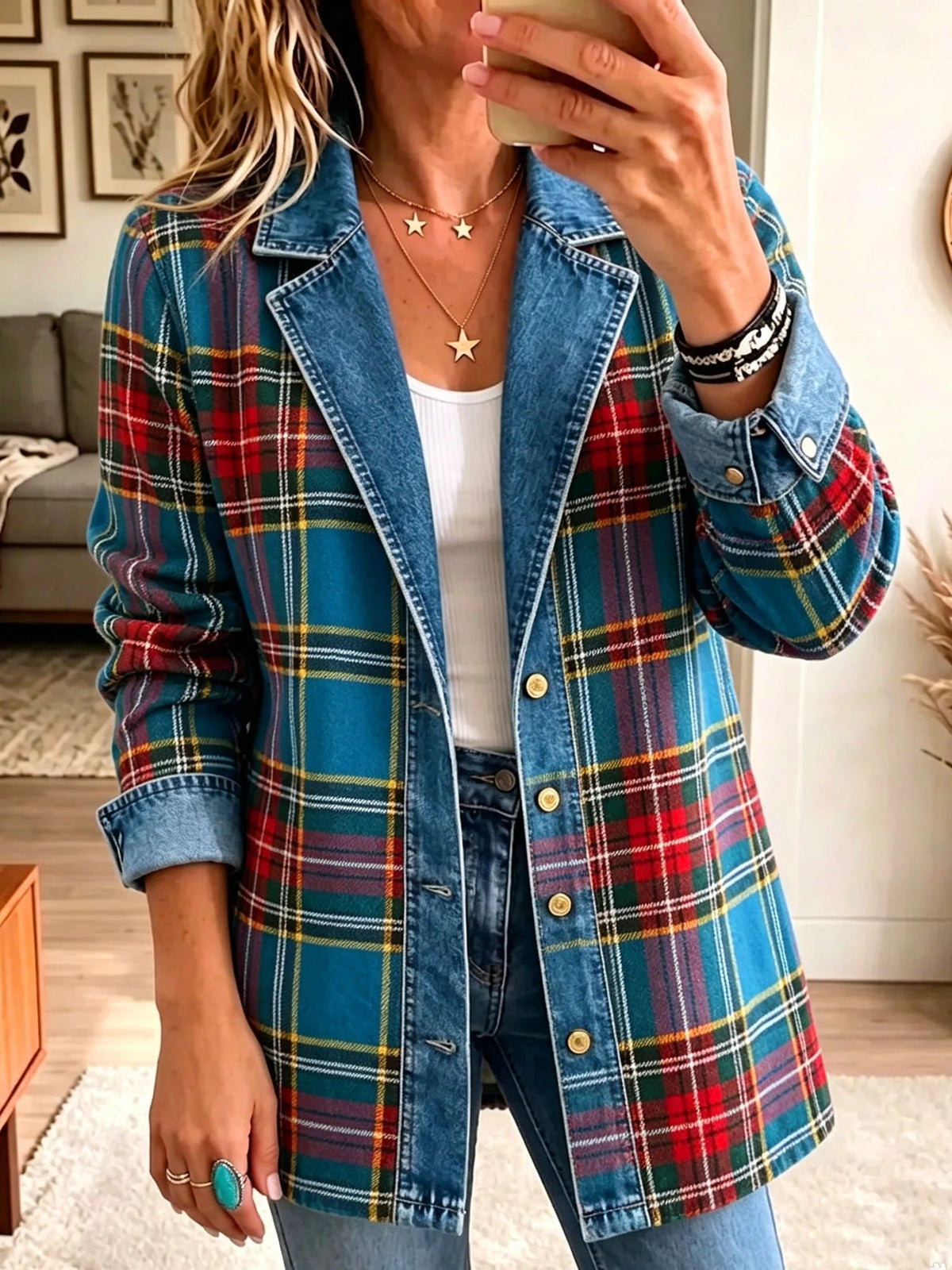 Grace Women Tartan Plaid Denim Spliced Blazer