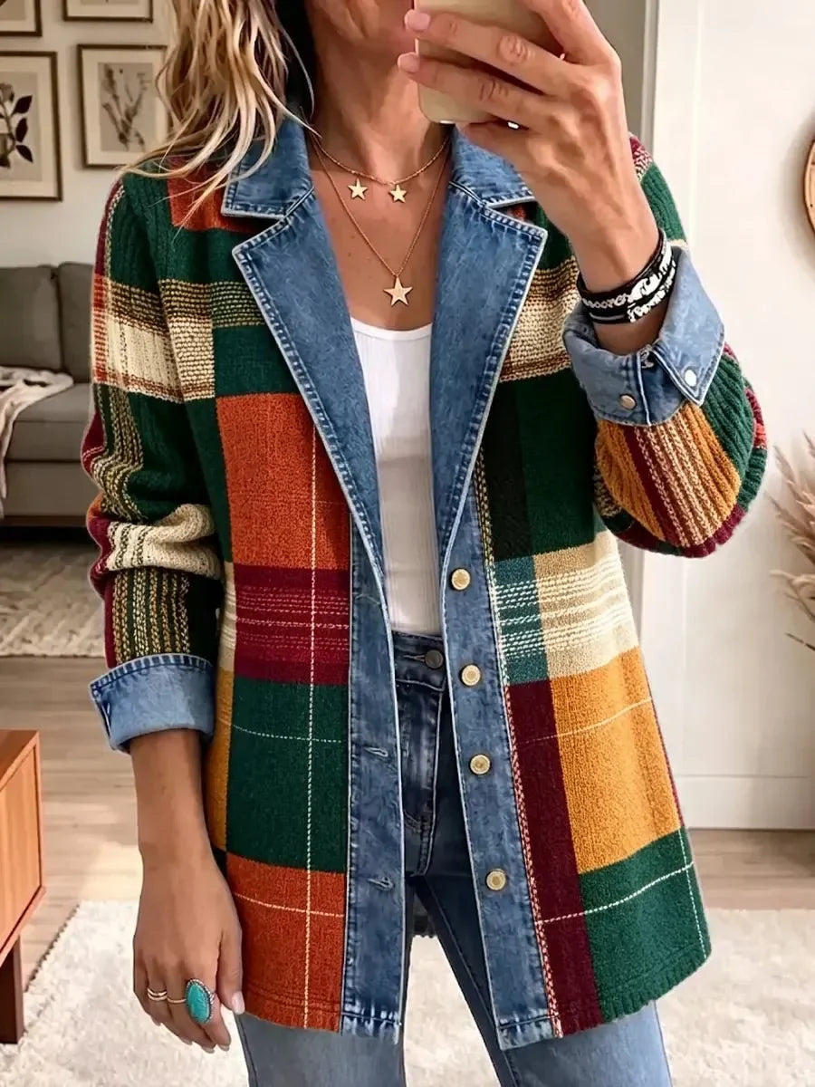Ella Retro Plaid Pattern Art Casual Denim Jacket
