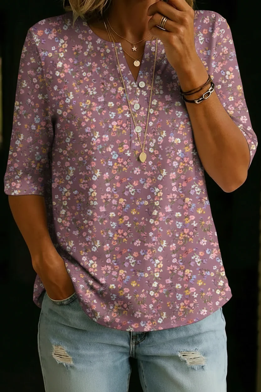 Kimberly | Classic Vintage Floral Henley Top