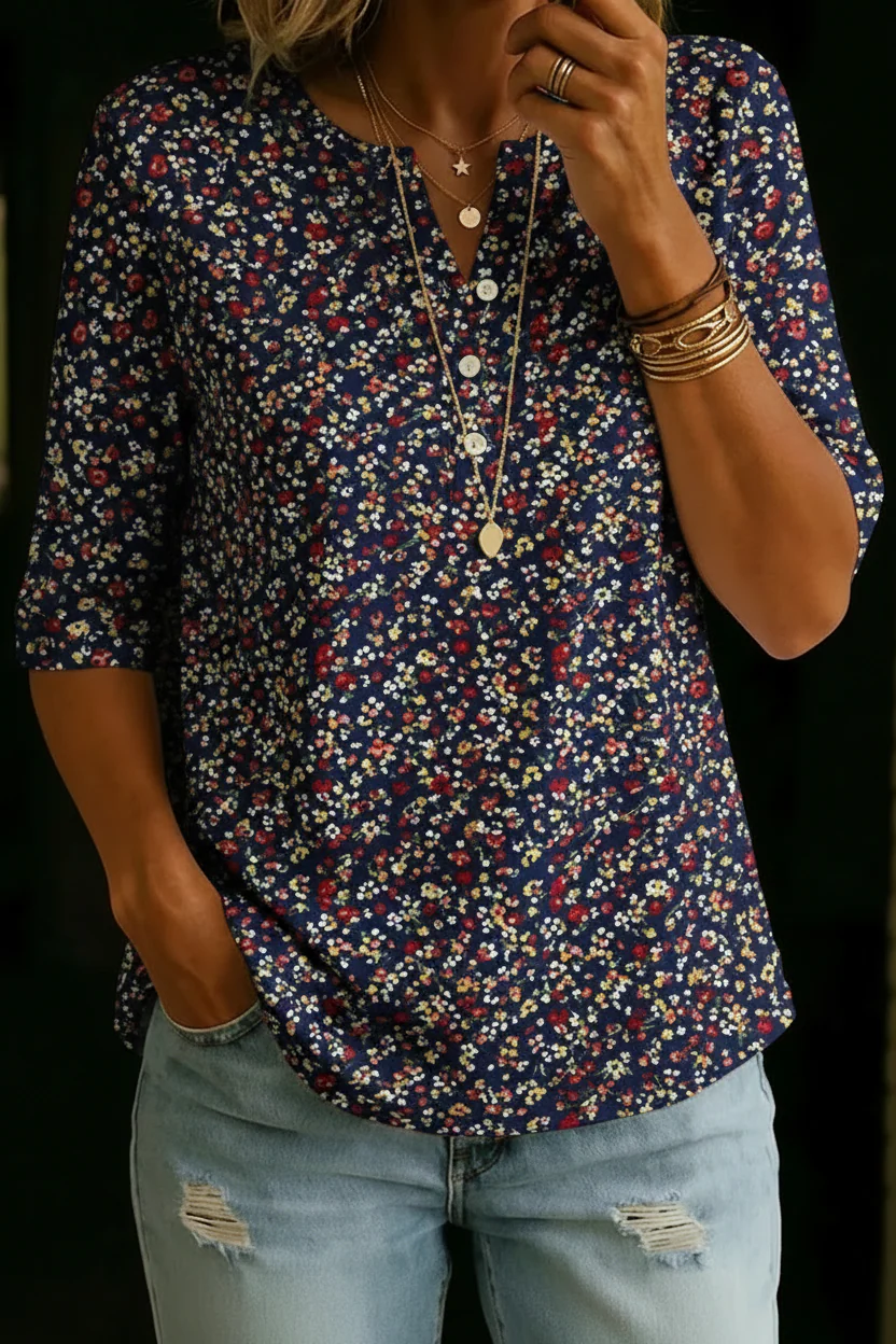 Mandy | Romantic Vintage Floral Henley Top