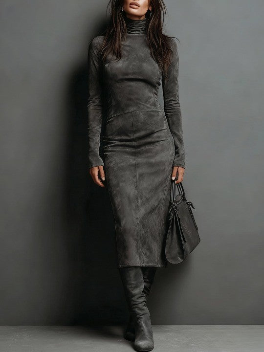 Ilaria™ - Midi Dress in Suede with High Collar and Long Sleeves