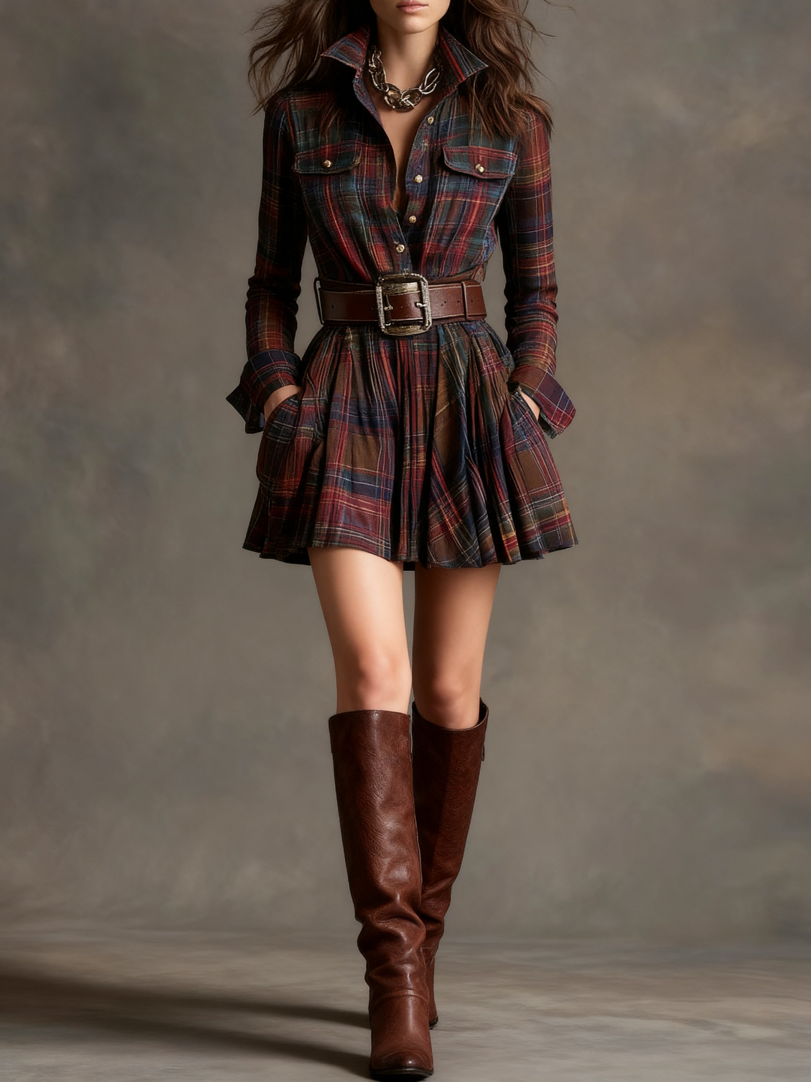 Vintage Mini Dress with Red and Brown Checkered Collar (Includes belt)