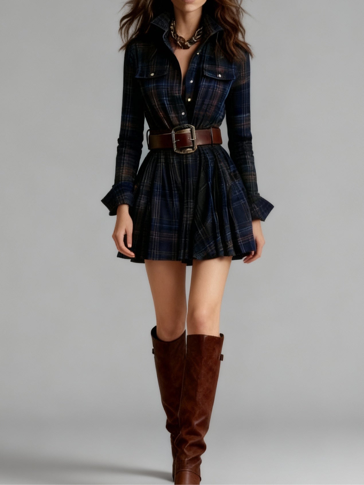 Vintage Mini Dress with Red and Brown Checkered Collar (Includes belt)
