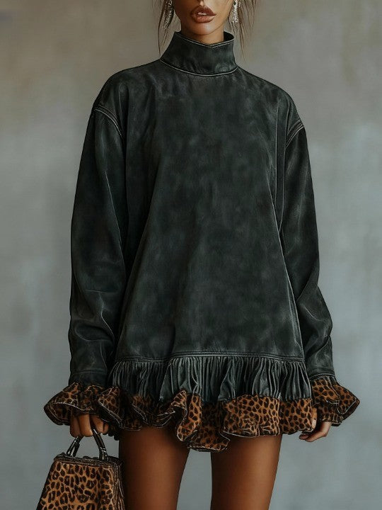Mini suede dress with leopard print and panel hem