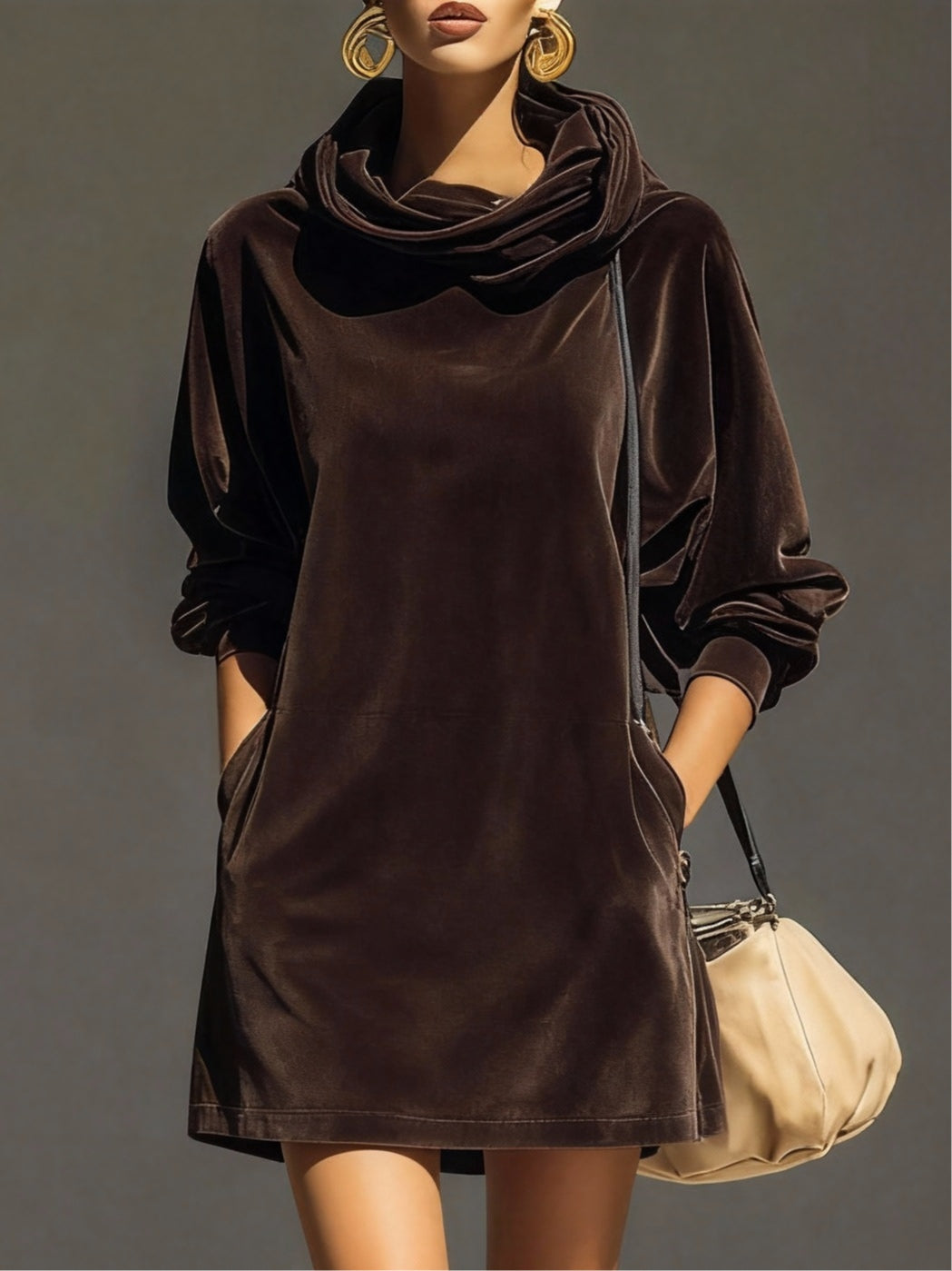 Vintage Brown Velvet Hoodie, Mini Loose Dress