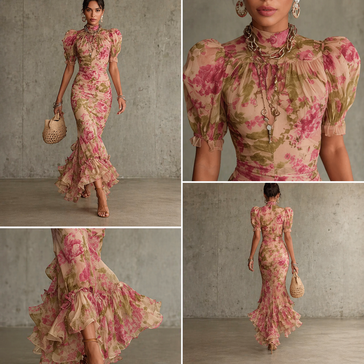 ELVENA™ | Floral Puff-Sleeve Maxi Dress.