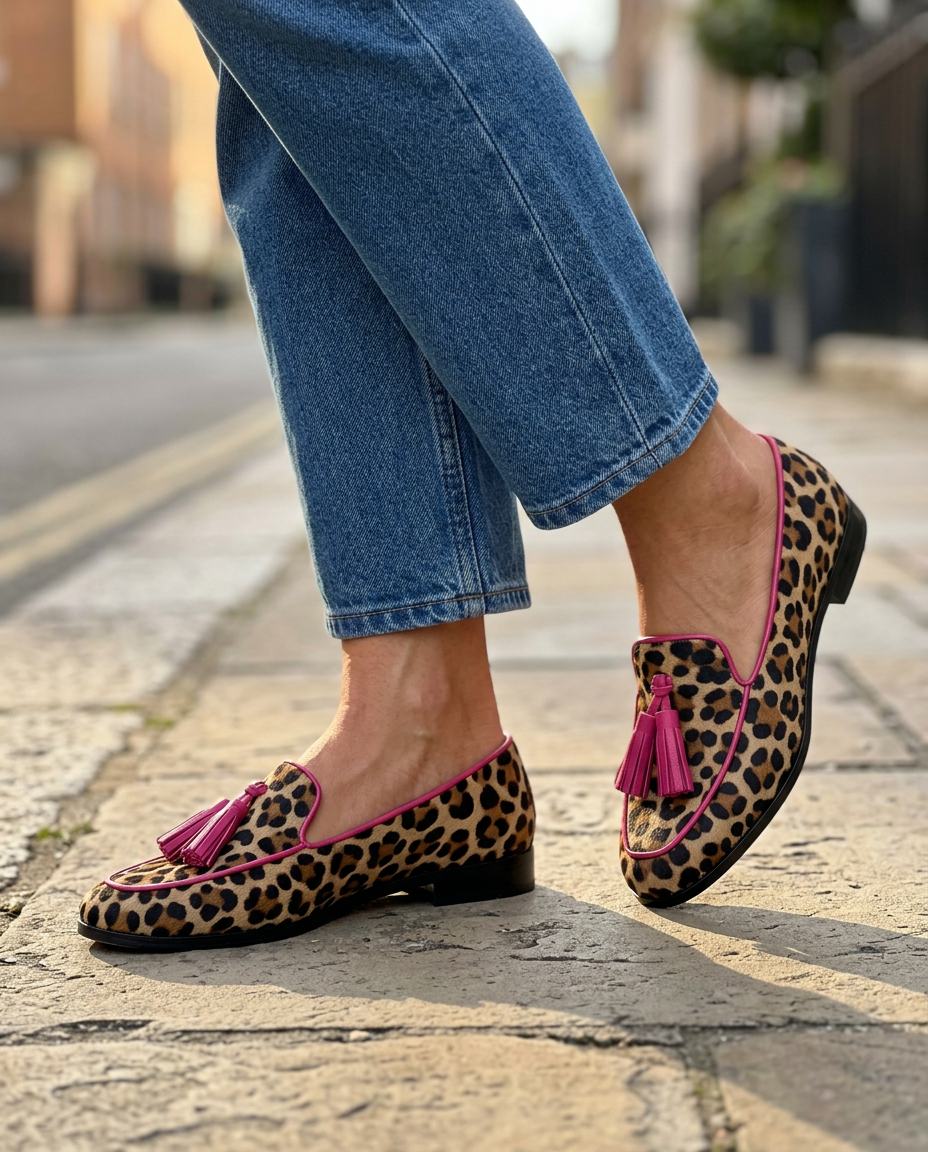 Fiamma Loafers — Leopard Print, Fuchsia Trim and Tassels