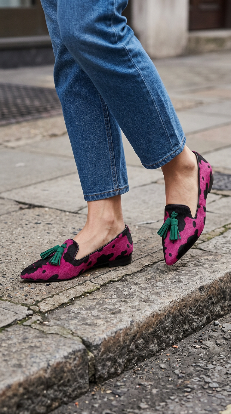 Ginevra Loafers — Fuchsia Cow Print, Green Tassels