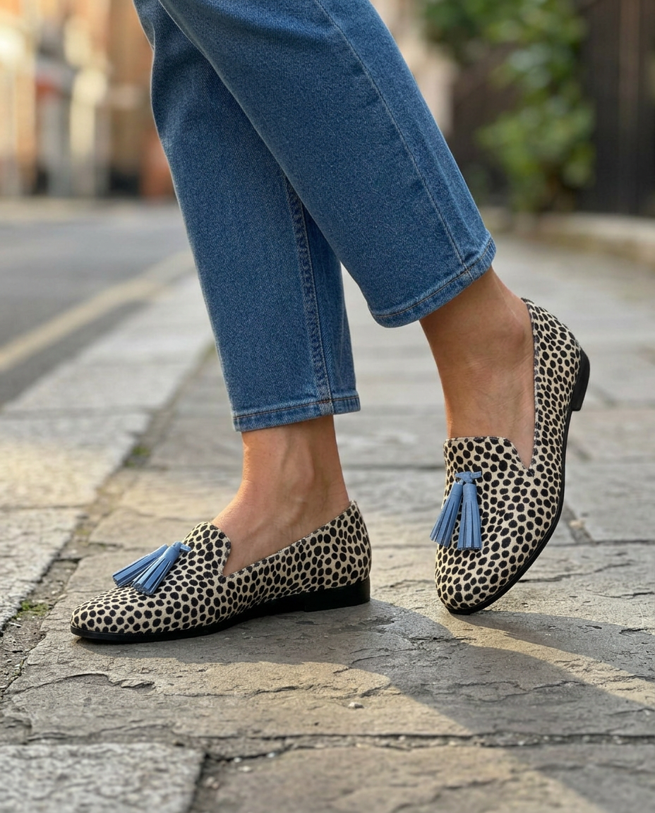 Nadia Loafers — Black & White Leopard, Blue Tassels
