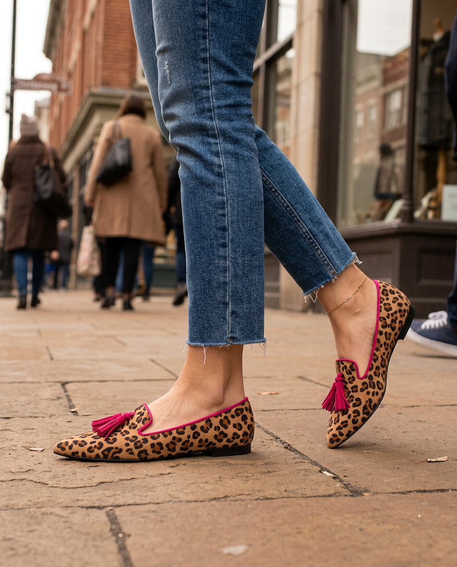 Ginevra Loafers — Suede Leopard Print, Fuchsia Tassels