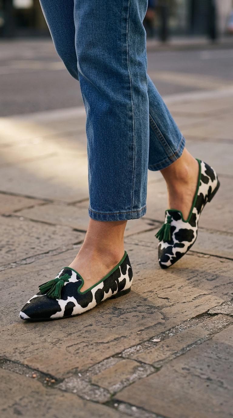 Ginevra Loafers — Cow Print, Green Tassels