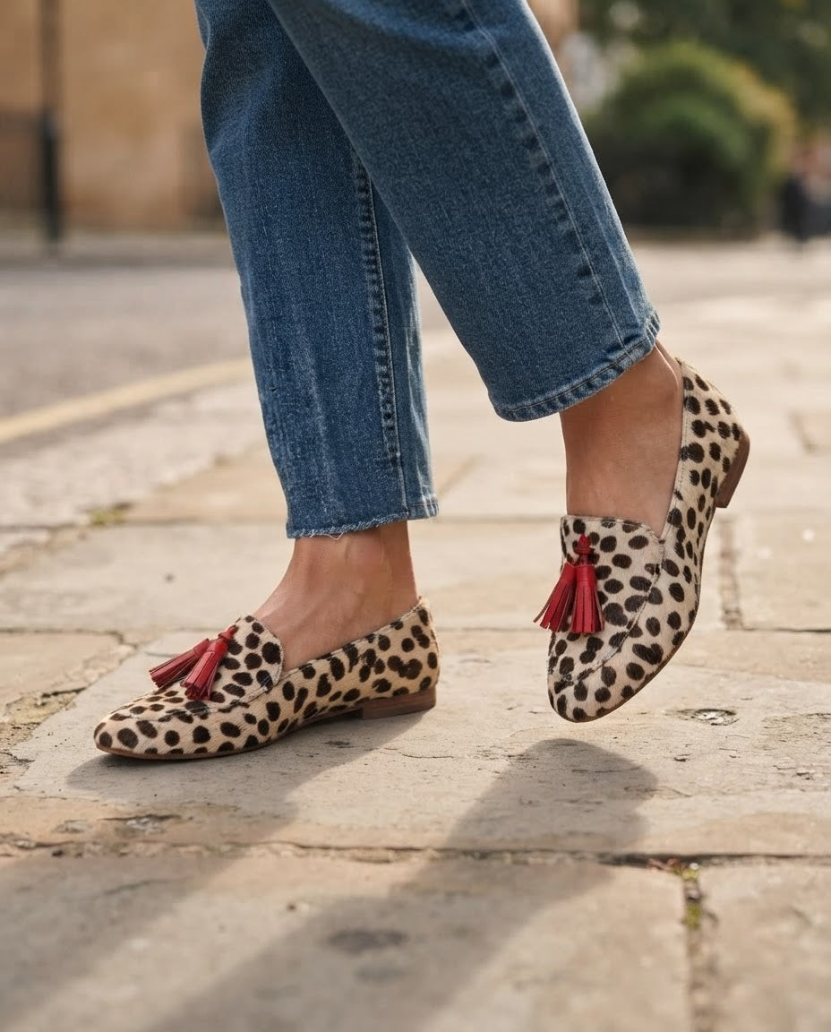 Aurora Loafers — Cream Polka Dot, Red Tassels