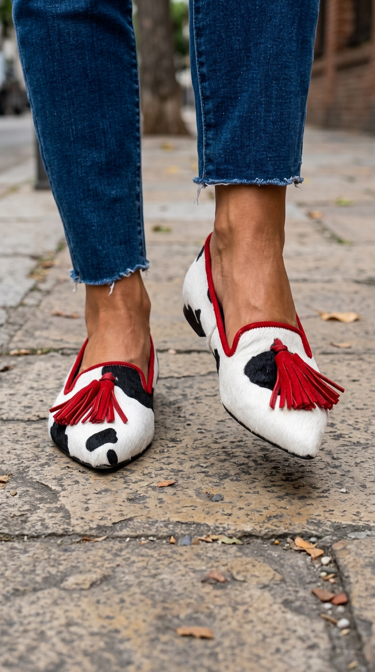 Ginevra Loafers — Cow Print, Red Tassels
