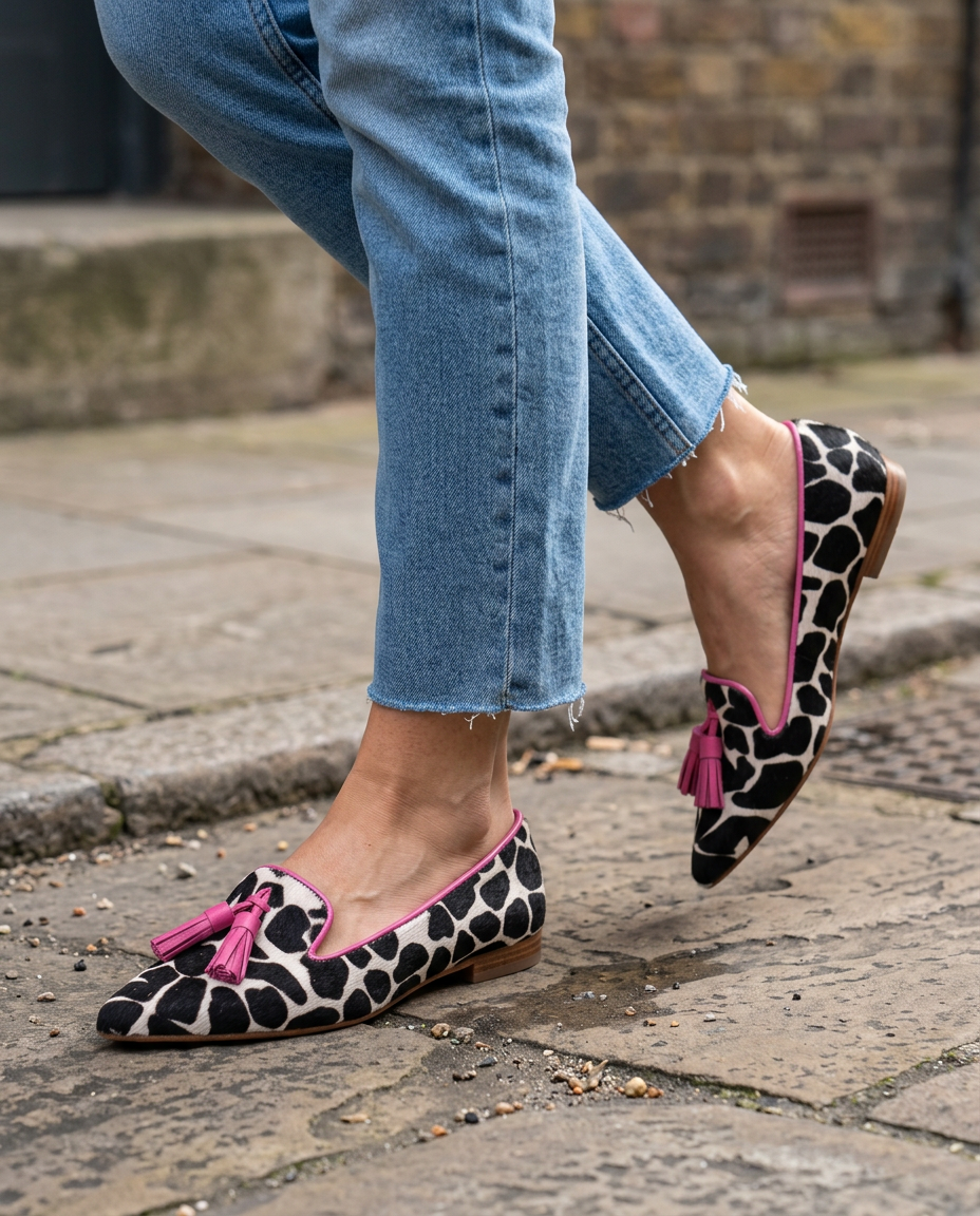 Ginevra Loafers — Cow Print, Pink Tassels