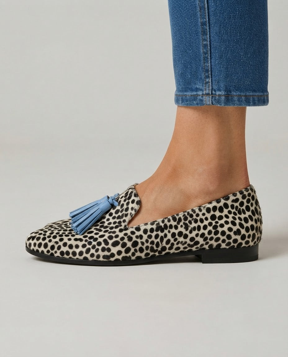 Nadia Loafers — Black & White Leopard, Blue Tassels