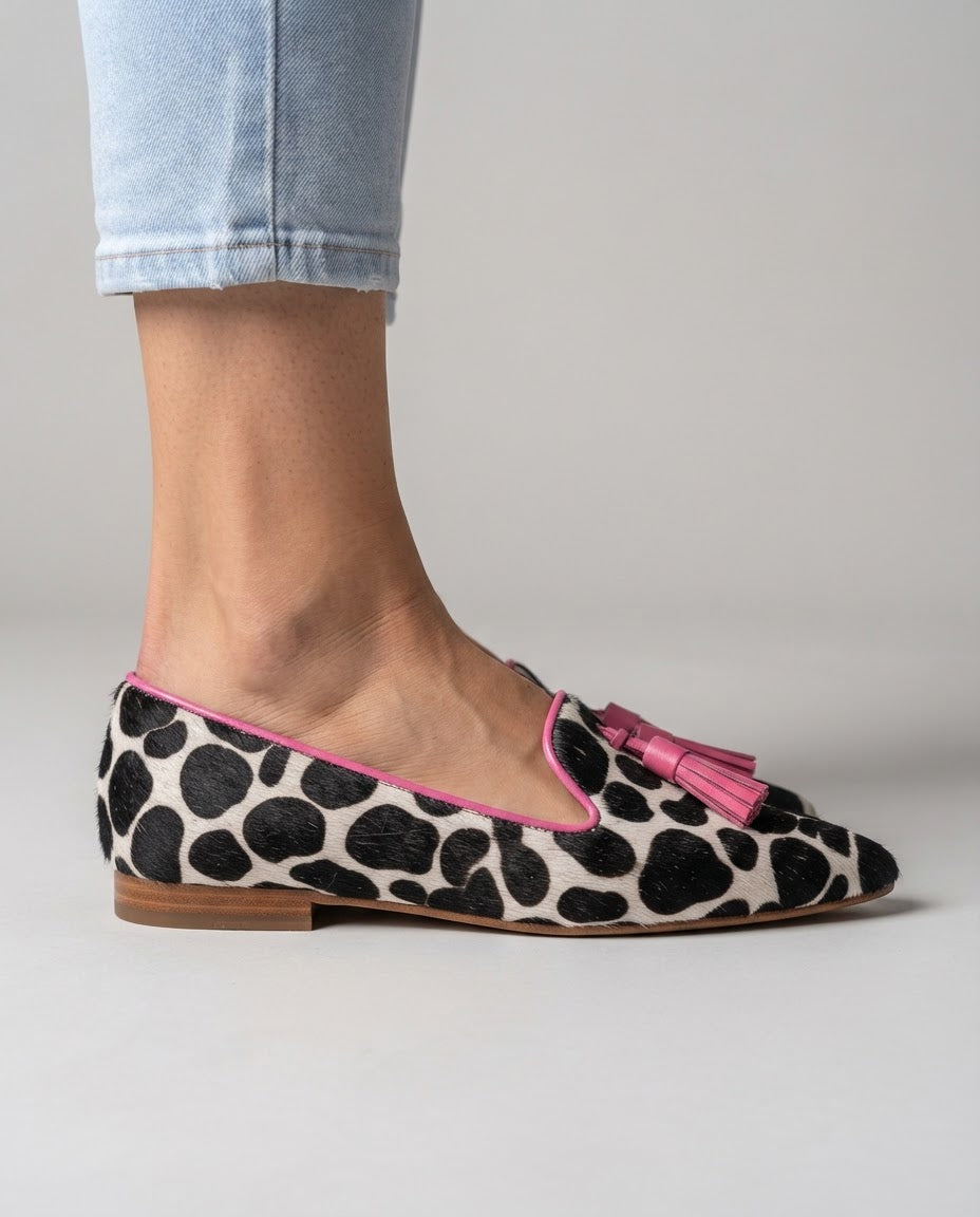 Ginevra Loafers — Cow Print, Pink Tassels